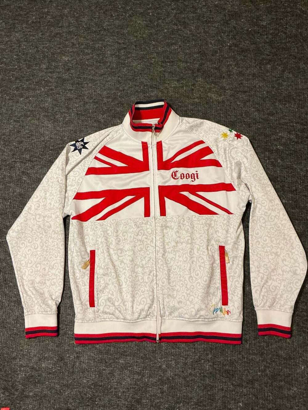 Coogi Track Jacket Mens Size XL White Union Jack Flag Zip Up Polyester